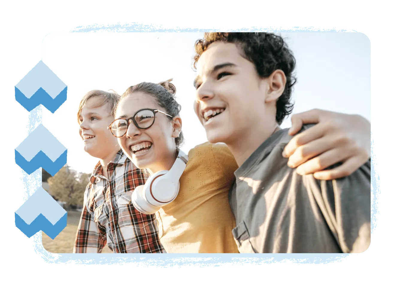 Three people hugging in a group, likely friends or family, with an overlay of a social media or photo app icon.