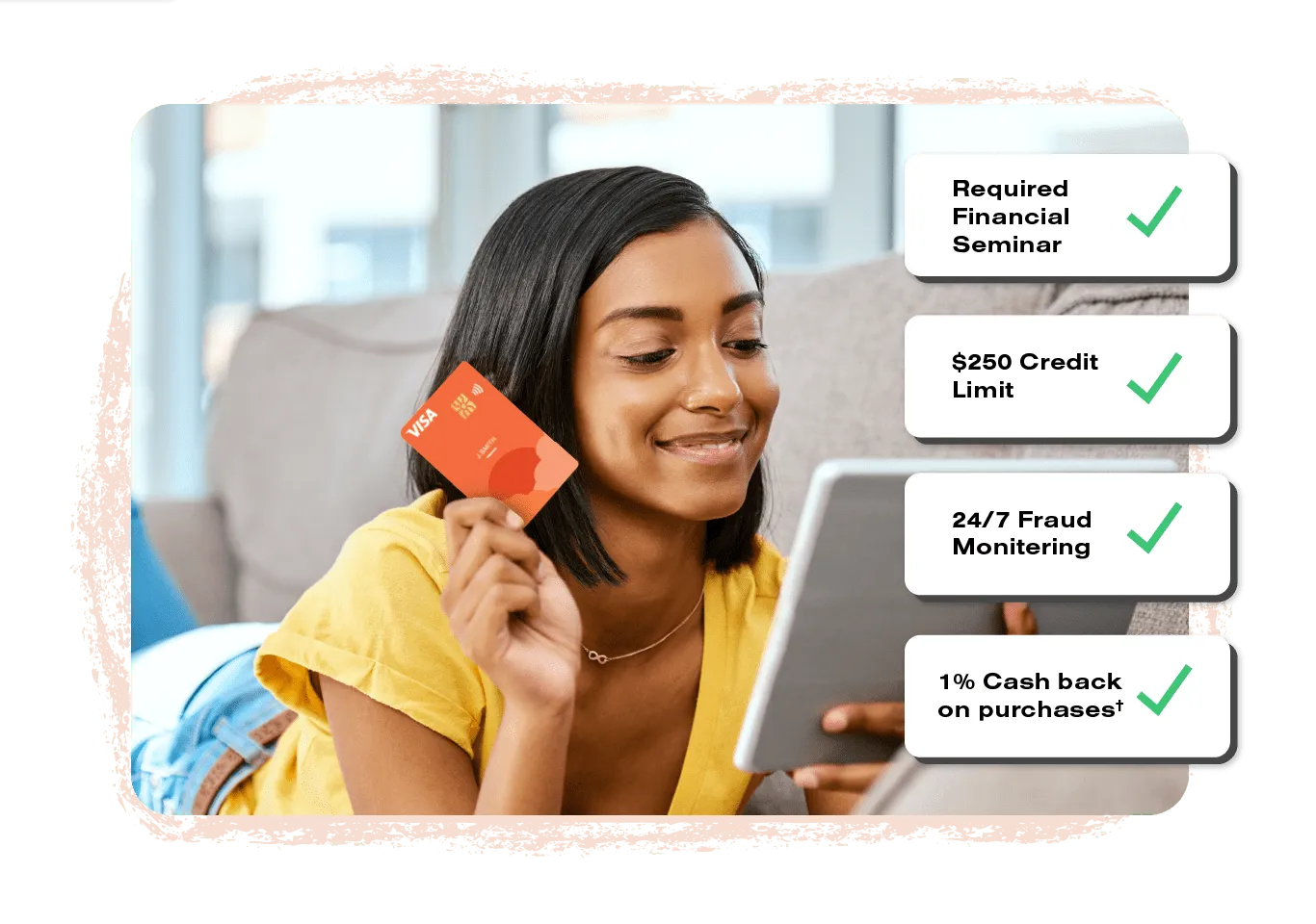 Woman using credit card on tablet.