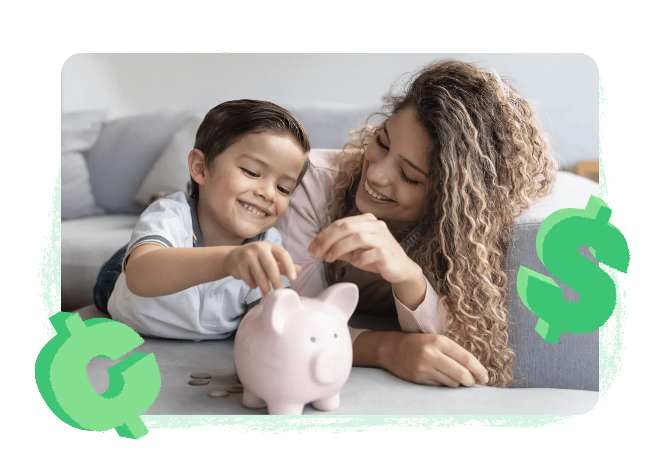 Woman and child with piggy bank.