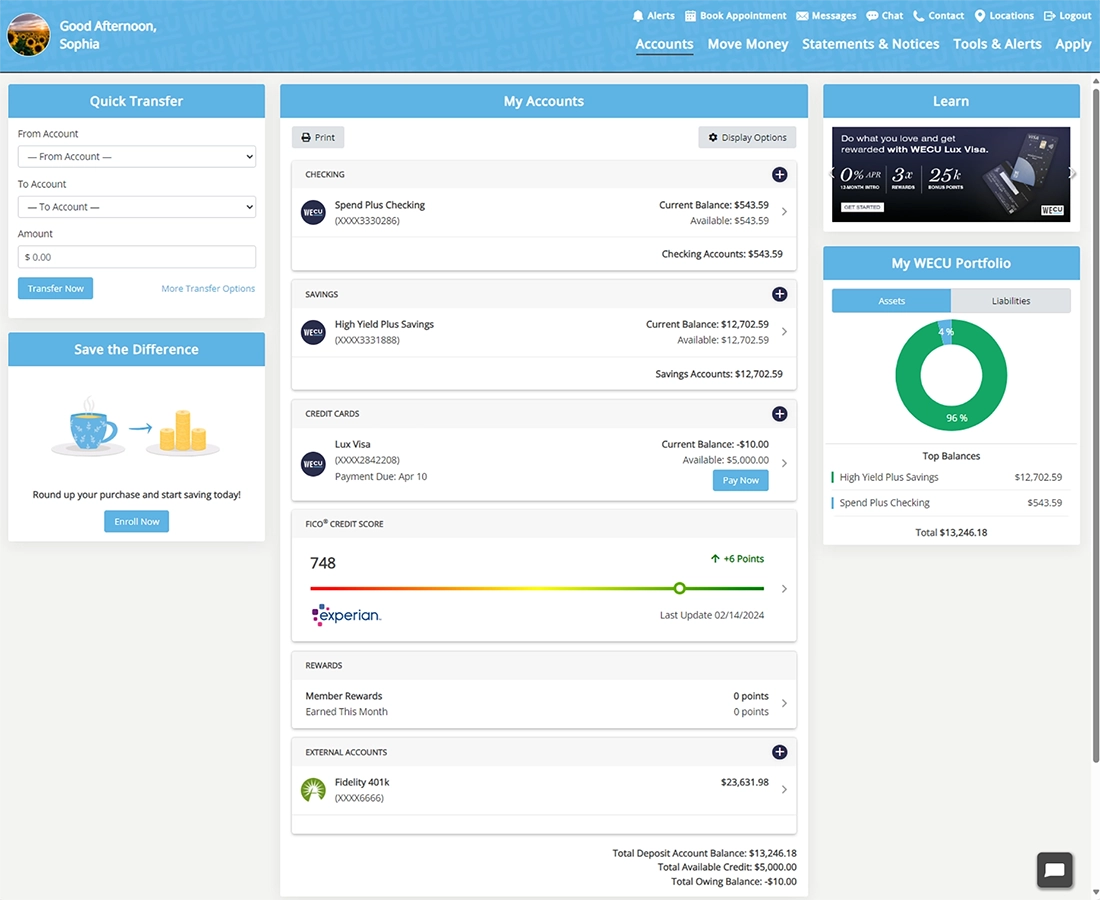 screenshot of online banking dashboard