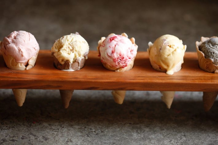 Ice cream cones on a wooden holder