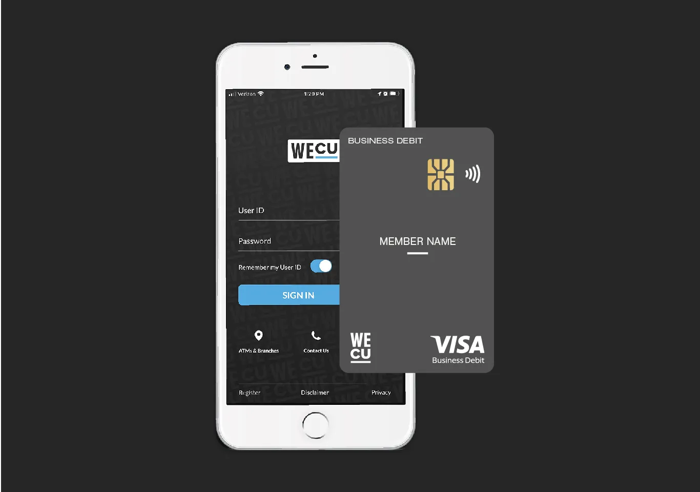 An image of a smartphone displaying a mobile wallet application, showing an NFC card with the Wethereum logo on it and a QR code.
