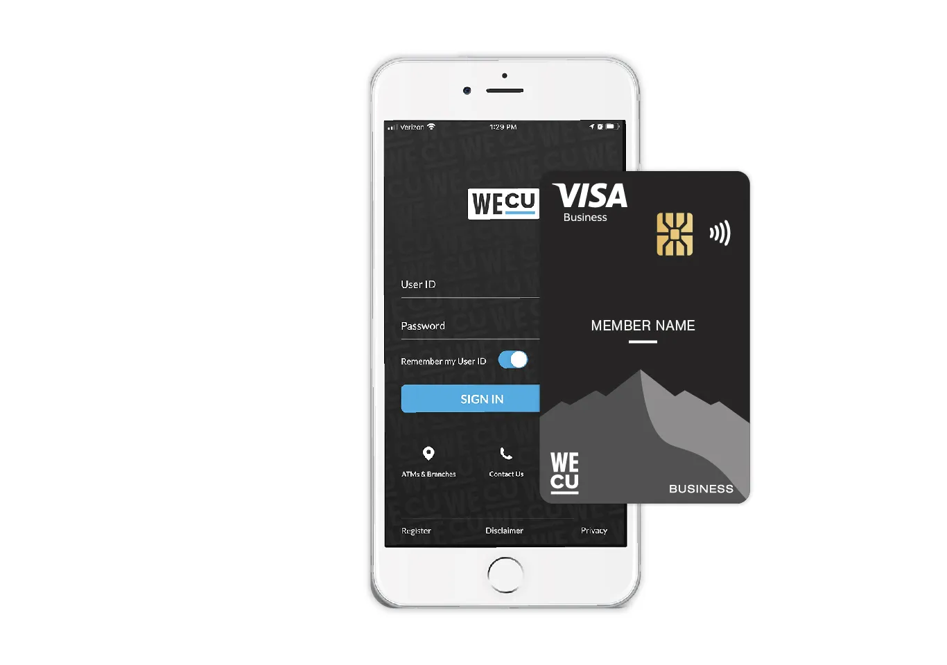 This is an image of a phone displaying a credit card screen with a card number, expiry date, and the word WECU on the screen. The card has the name EMMA MILLER printed on it and shows the logo for Visa.