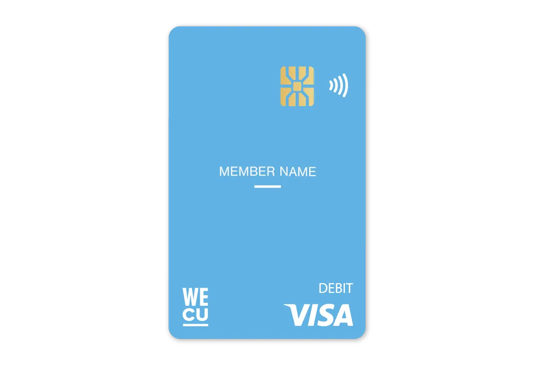 A blue and white credit card with text.