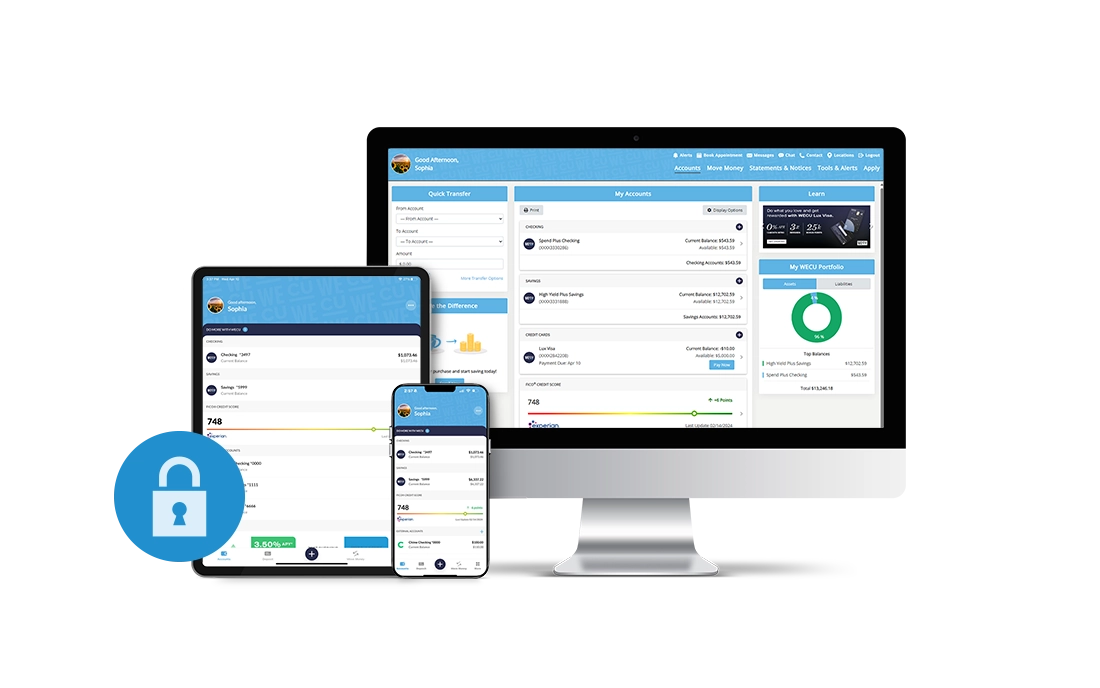 Digital display of various screens showing a multi-faceted platform, with a focus on security and personalized dashboard.
