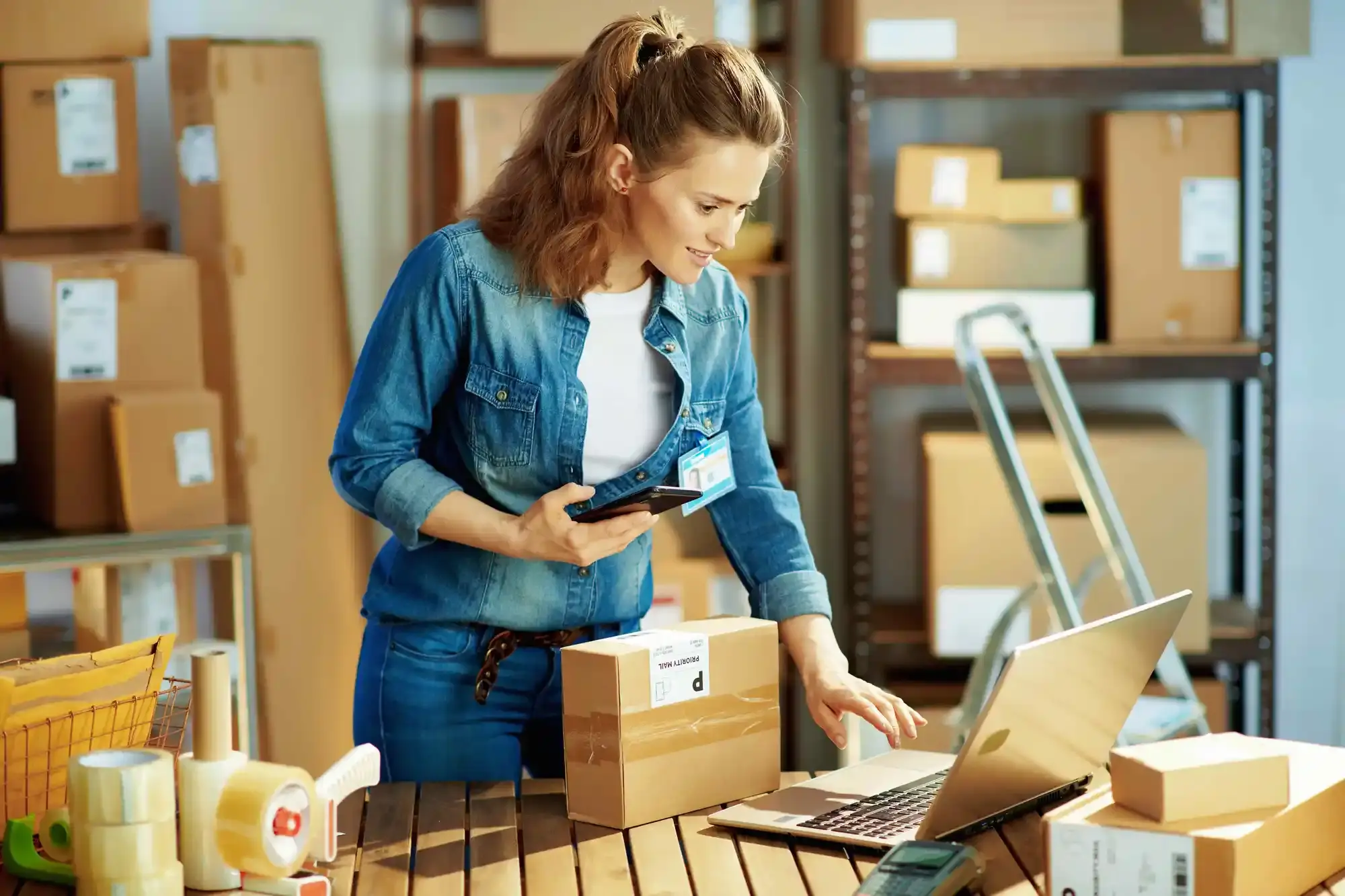 A woman in a warehouse sorting packages.