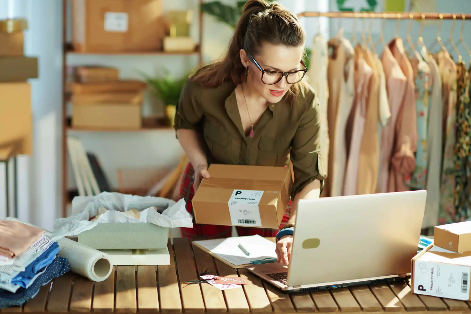 Woman standing in front of boxes on a table.