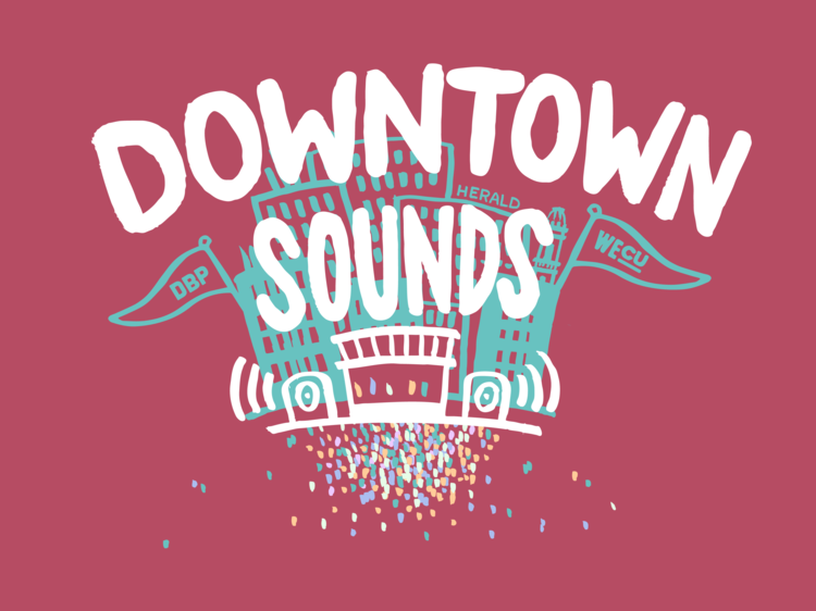 Poster with graphic design that reads 'DOWNTOWN SOUNDS' overlaying a cartoon robot head.