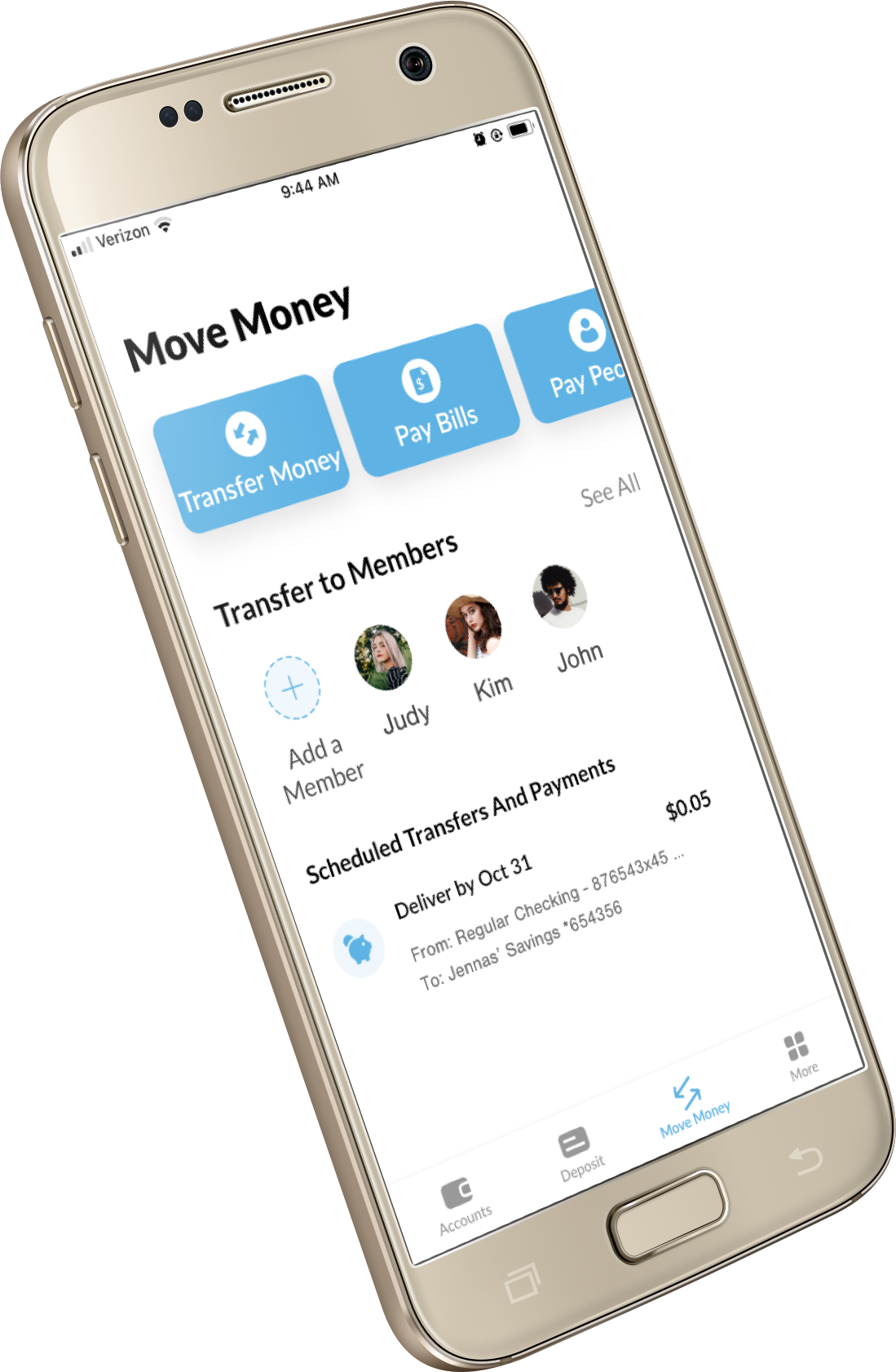 The WECU app open on a tilted iPhone.