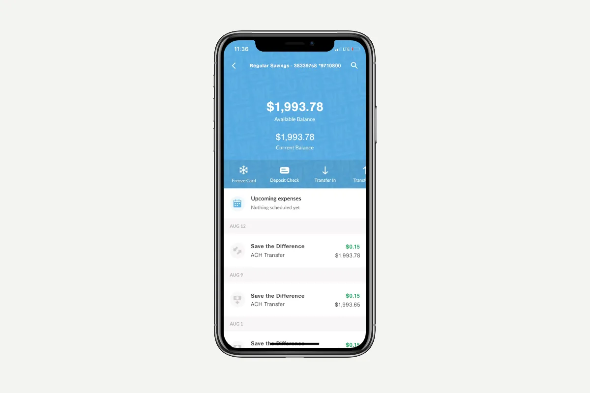 A screenshot of several save the difference transactions on the WECU mobile app.