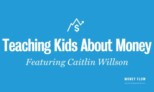 Blue poster with white lettering promoting a teaching session on the topic of kids and money