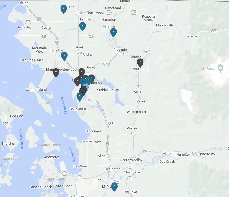 A map showing locations with various shades of blue.