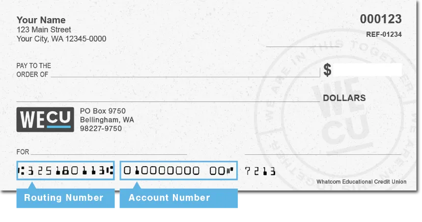 A WECU check, with the routing number and account number identified.