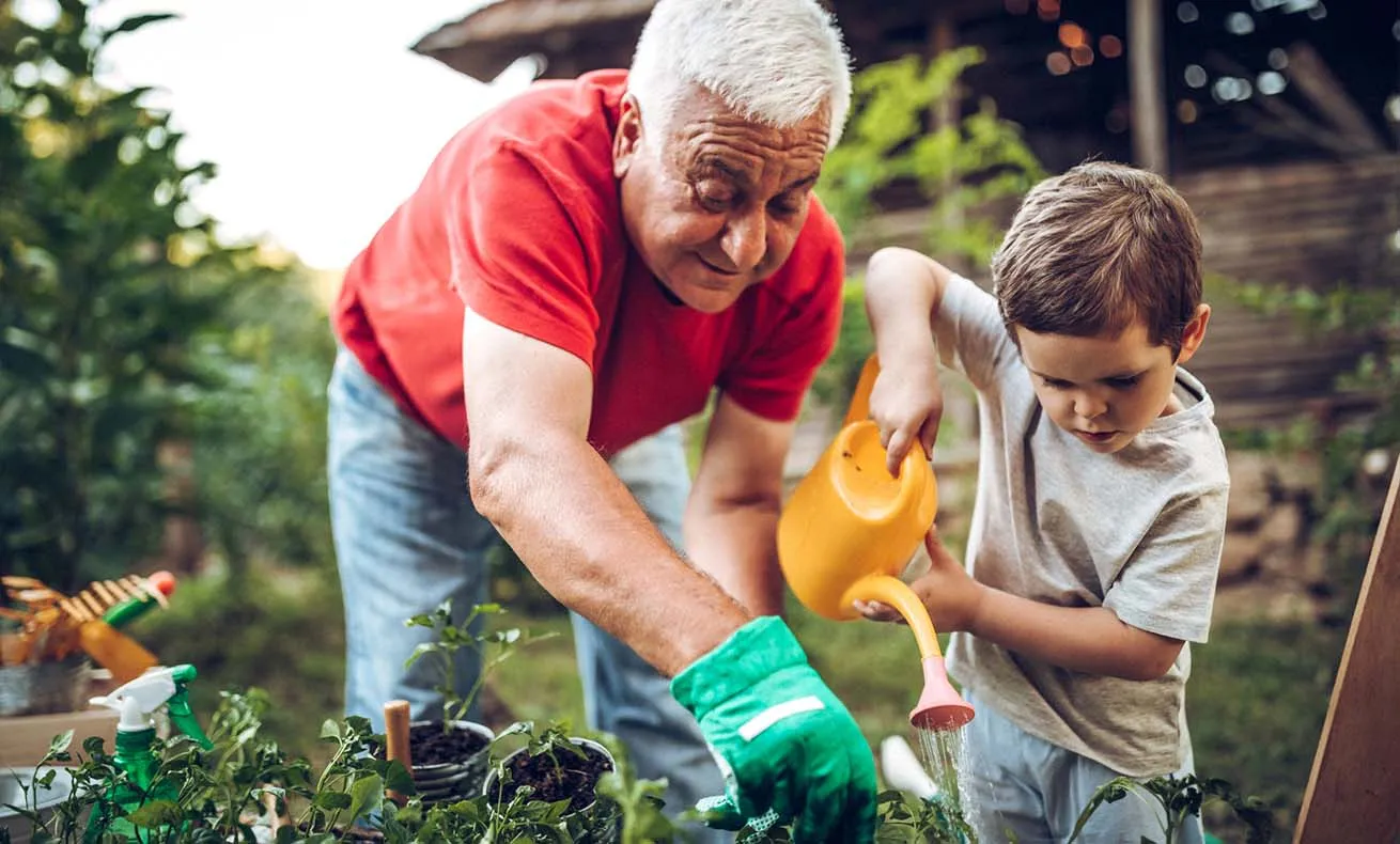 Old man and child gardening.