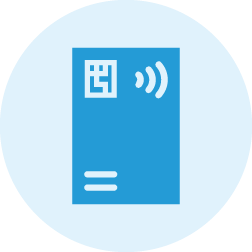 Image of a blue smart card holder with the icon of a fingerprint and a speaker inside, on a white background.