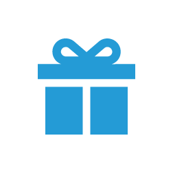 Gift icon with blue ribbon and bow, representing a gift or a present.