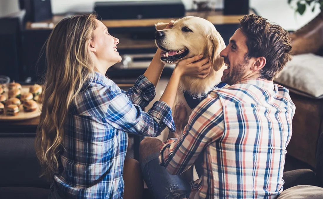 Man and woman sitting next to each other with a dog on the woman's lap.