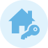 A digital image of a stylized key with a house icon above it, both in shades of blue.